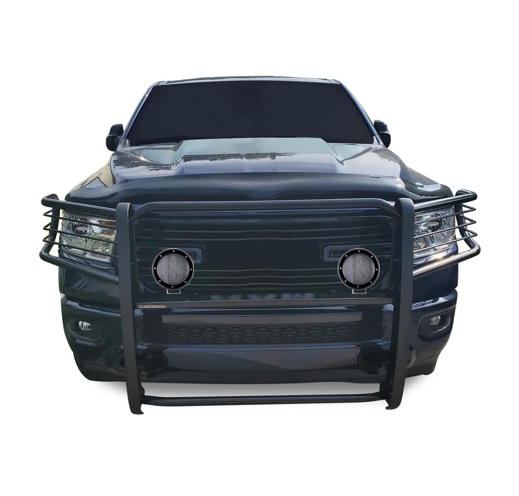 Bumper Guard Modular Black Black Horse Grille Brush Come with Pair of 5.3" Dia.LED Lights with Black Trim Rings Compatible with 2019-2024 Ram 1500-17DG111MA-PLFB