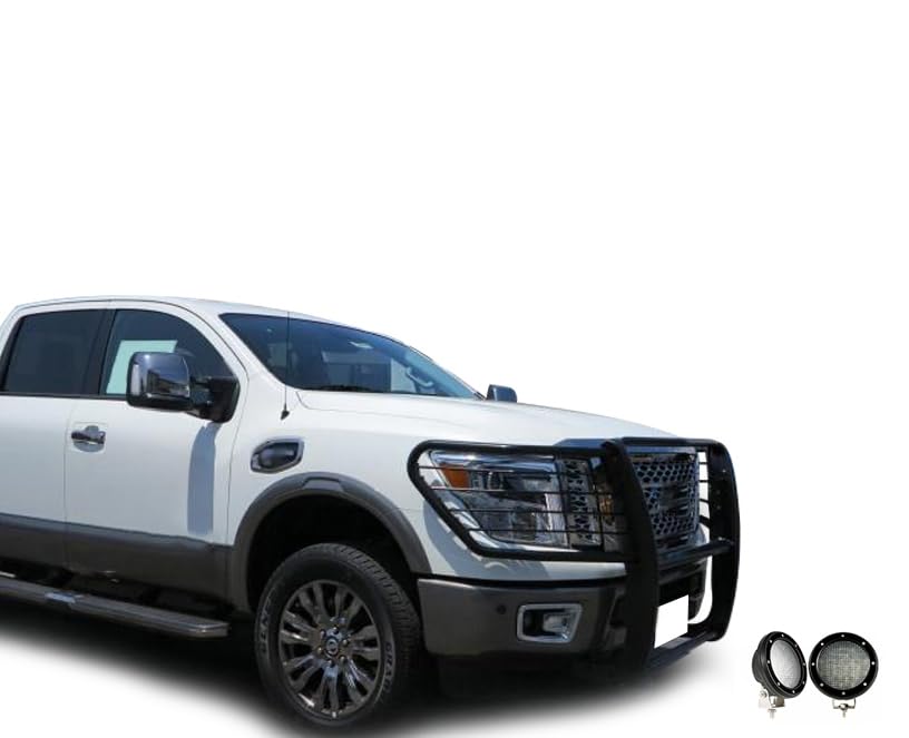 Bumper Guard Black Horse Grille Brush Modular Black Come with Pair of 5.3" Dia.LED Lights with Black Trim Rings Compatible with 2017-2024 Nissan Titan-17NR27MA-PLFB