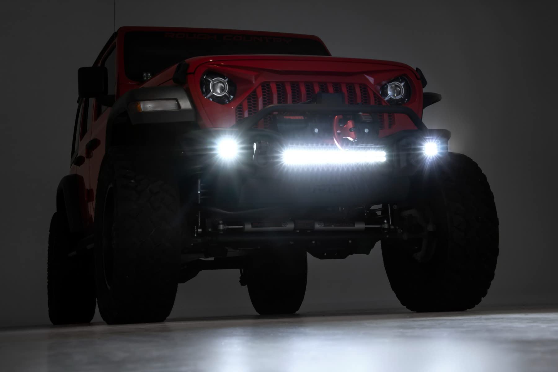 Tubular Rough Country Front Bumper for Jeep Gladiator JT/Wrangler JK & JL/Wrangler Unlimited (2007-2025) - Built-in LED Lights, Skid & Winch Plate