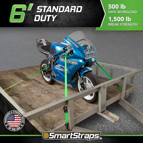 Retractable Ratchet Tie Down Straps SMARTSTRAPS (4 PK) 1,500lb Break Strength, 500lb Safe Work Load, Standard Duty, Secure and Haul ATVs, Lawn Tractors, Cargo, Boxes and Other Small Equipment