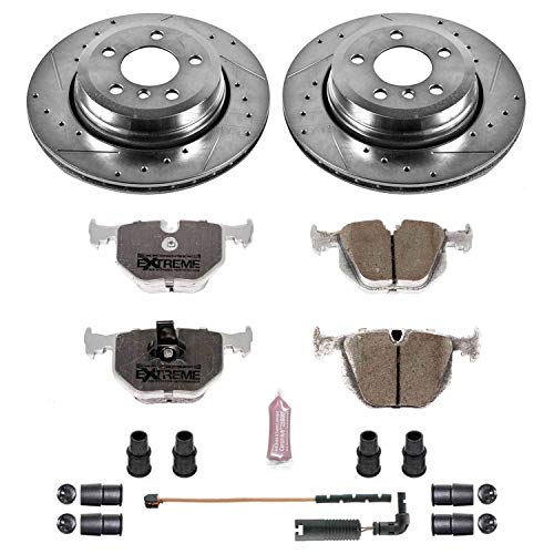 Power Stop K5738-26 Z26 Carbon Fiber Brake Pads Rear with Drilled & Slotted Brake Rotors Kit and 1 Rear Sensor Wire For BMW X3 2004-2010 [Model Specific]