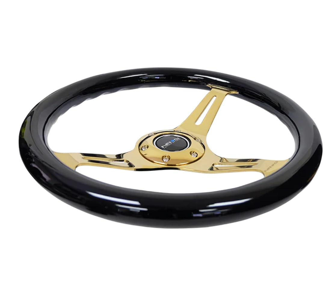 NRG Innovations Steering Wheel NRG-ST-015CG-BK - 350mm 25mm Deep Configuration, Classic Black Wood Grain Wheel with 3 Chrome Gole Spokes/Black Grip