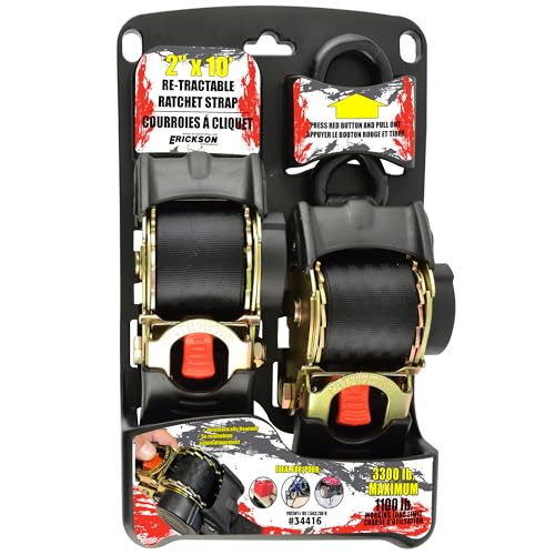 2in x 10ft Black Erickson Pro Series Retractable Ratcheting Tie-Down Straps, High-Strength Design, 3300 lb Load Capacity, Pack of 2