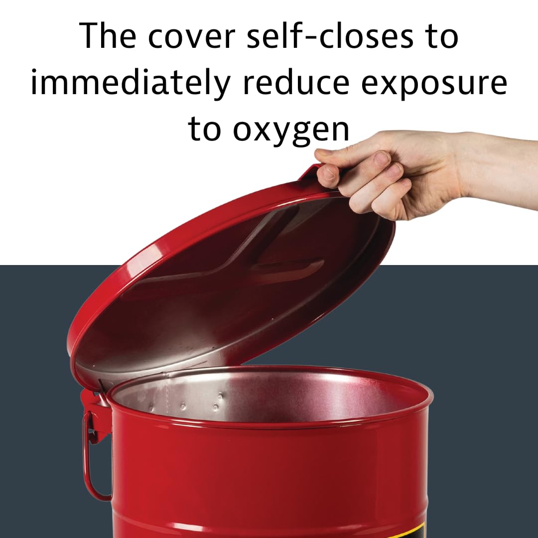 14 Gallon Justrite Galvanized Steel Oily Waste Can, 20" x 16" Metal Oil Rag Safety Can with Hand Operated Self-Closing Lid for Oil Rag Disposal, Made in The USA, Red, 09510