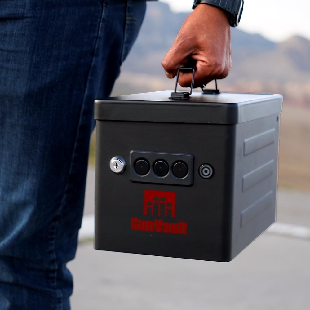 Range Vault GunVault Portable Pistol Safe with Electronic Lock, Solid Steel Construction, Foam Interior, Security Cable & TSA/CA DOJ Approval – Holds 2 Handguns & 7 Magazines
