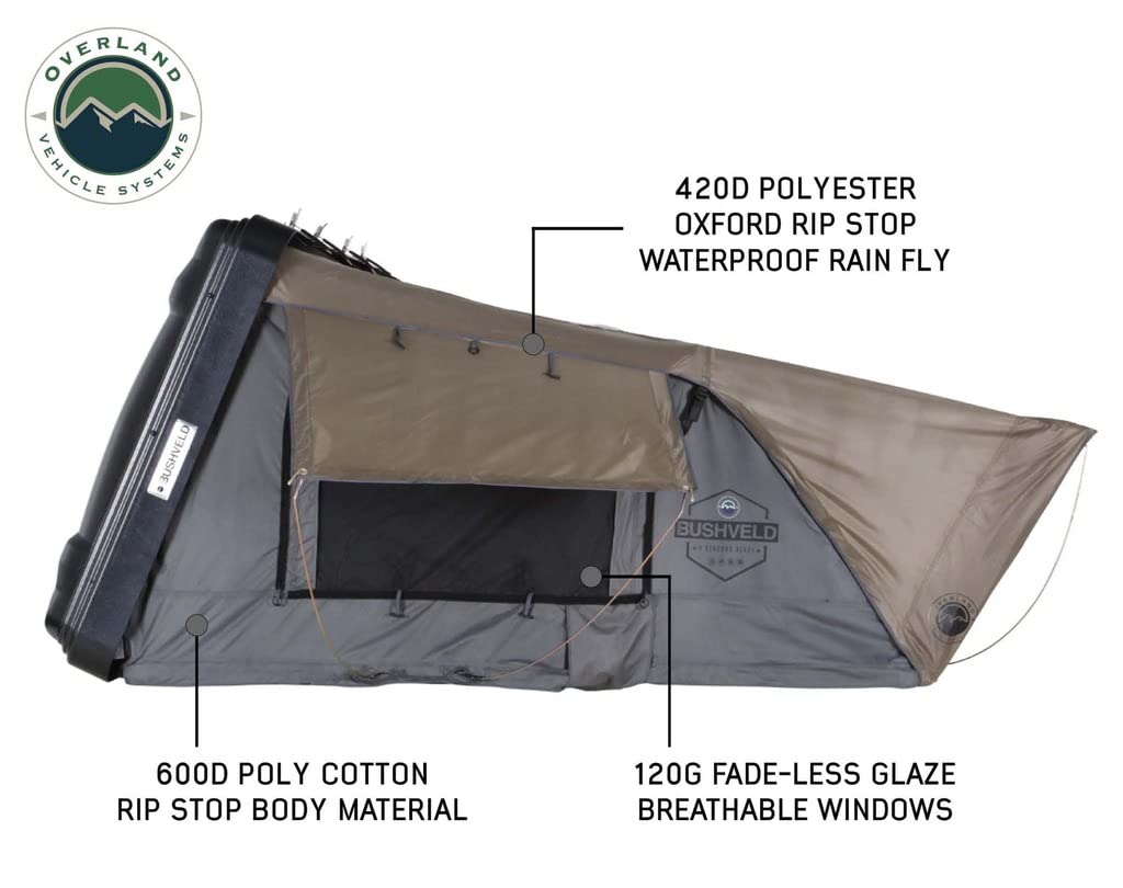 Bushveld II Overland Vehicle Systems Hard Shell Clam Shell Roof Top Tent with Aluminum Base Dark Grey Body and Green Rainfly - 2 Person Tent - Four Seasons Ready