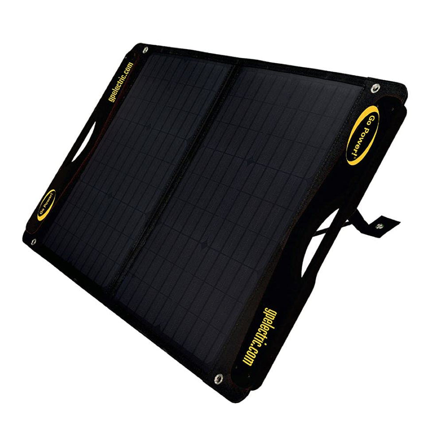 DuraLite GoPower 100-Watt Solar Panel with 30-Amp PWM Charge Controller, Foldable, High-Efficiency Monocrystalline Cells, Expandable to 300-Watt, Ideal for Camping, RVs, Campers, ATVs, Boats - Black