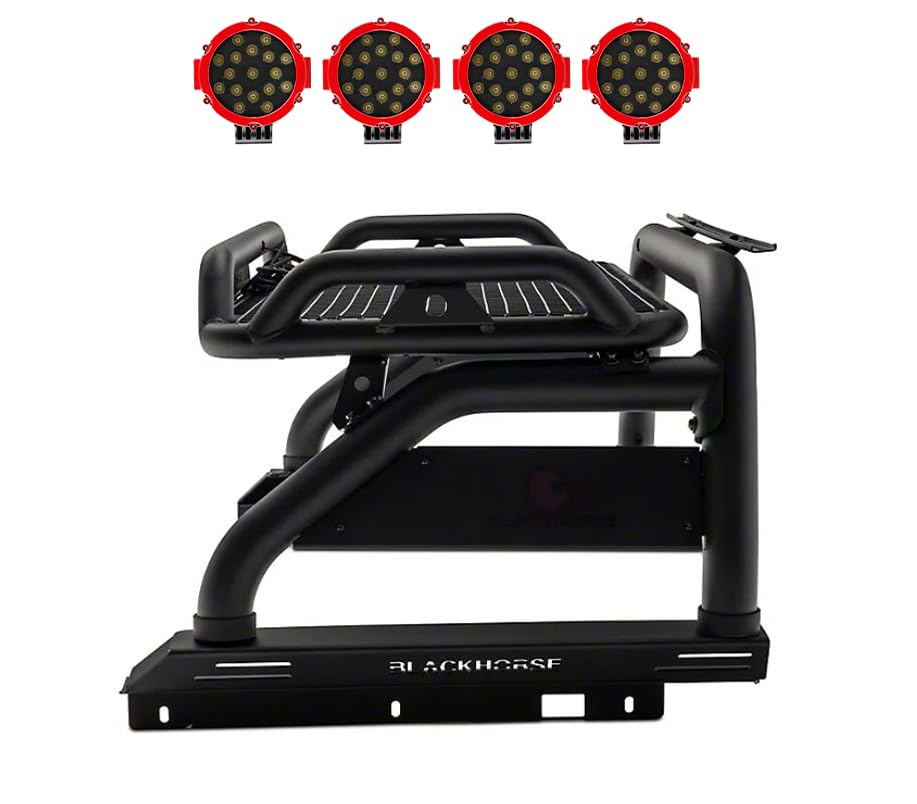 Atlas Black Horse Roll Bar Incl. Pair of 7.0" Dia. Led Lights w/Red Trim Rings Compatible with 2005-2024 Toyota Tacoma-ATRB6BK-PLR