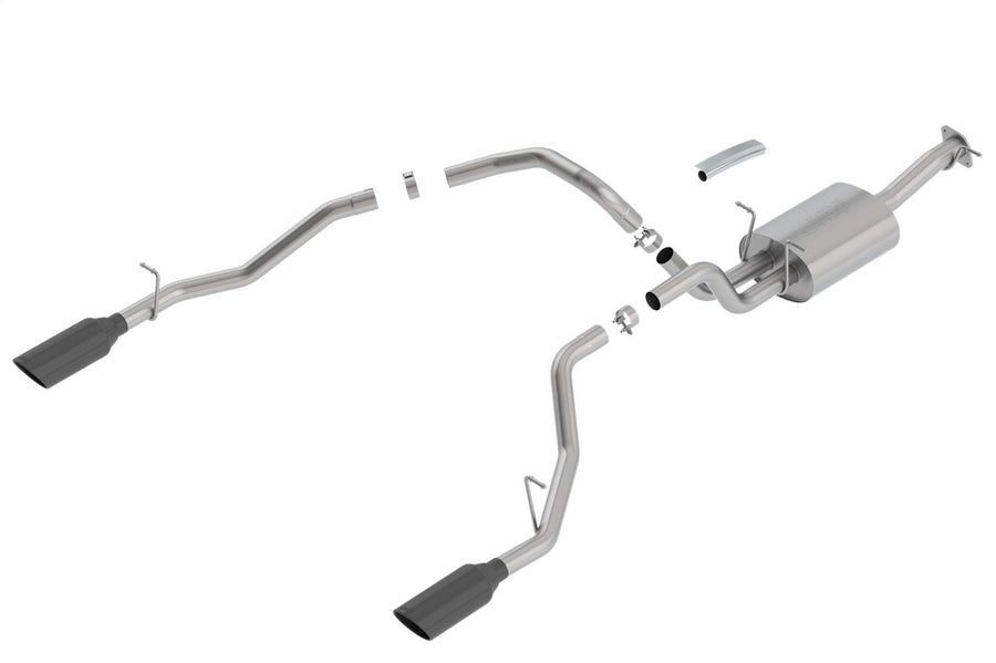 BORLA Cat-Back 140752BC Perf. Exhaust Sys. for '19-'23 Ram 1500 V8 Incl. E-Torque Incl. Rebel & G/T Models (Exc. Classic) T-304 S-Type Dual Split Rear Exit Single 5" Round Black Chrome Tips Each Side.