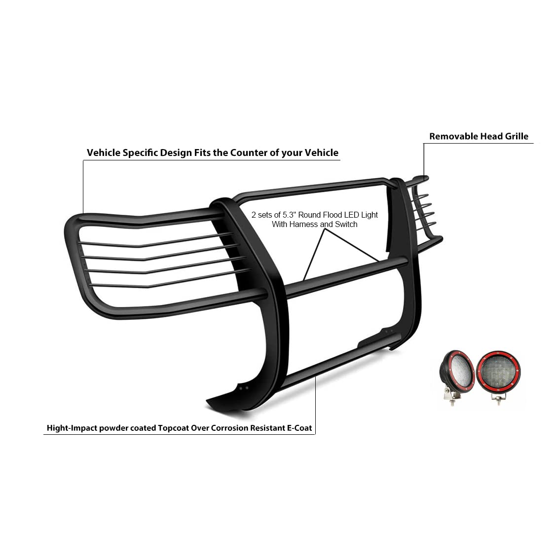 Bumper Guard Modular Black Black Horse Grille brush Come With Pair of 5.3"LED Lights Compatible with 1999-2007 Ford F-250 Super Duty|1999-2004 Ford F-350/Ford F-450/Ford F-550 Super Duty-17FB23MA-PLFR