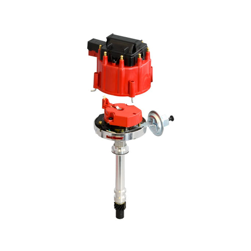 Pertronix Flame-Thrower D1061 HEI Distributor with adjustable vacuum advance canister Chevy SB/BB high dielectric strength red cap and rotor with brass terminals, Black