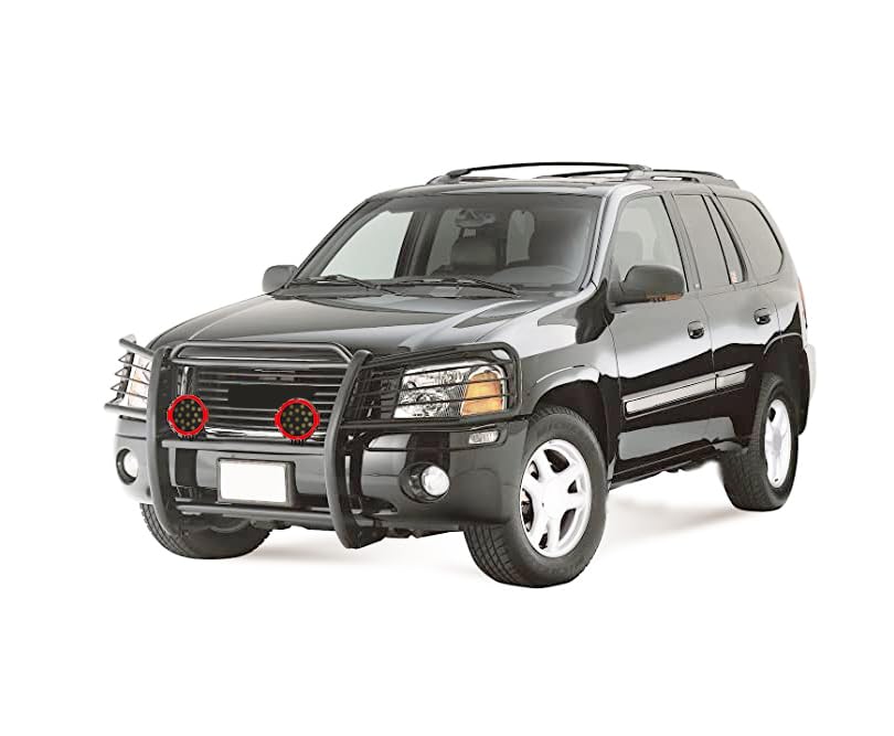 Black Horse Grille Brush Bumper Guard Black Modular Come with Pair of 7.0" Dia.LED Lights with Red Trim Rings Compatible with 2002-2006 GMC Envoy|2002-2006 GMC Envoy XL-17GD26MA-PLR