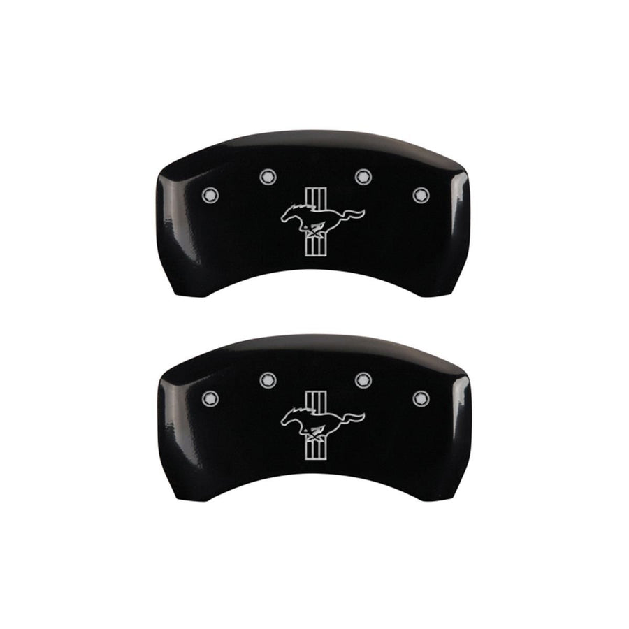 SET OF 4 CALIPER COVERS, REAR: BAR/PONY, FRONT: MUSTANG, BLACK, SILVER CHARACTERS