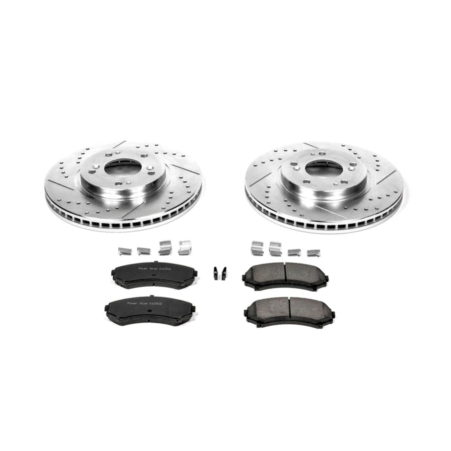 Power Stop K5258 Z23 Front Carbon Fiber Brake Pads with Drilled & Slotted Brake Rotors Kit For Mitsubishi Endeavor 2004-2008, Mitsubishi Endeavor 2010-2011 [Model Specific]