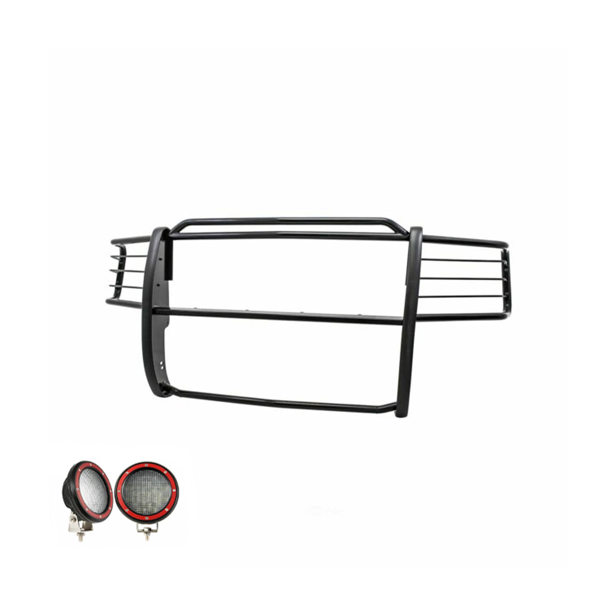 Bumper Guard Black Horse Grille brush Modular Come With Pair of 5.3" Dia.LED Lights with Red Trim Rings Compatible with 2001-2012 Ford Ranger Edge|2001-2012 Ford Ranger-17FR20MA-PLFR