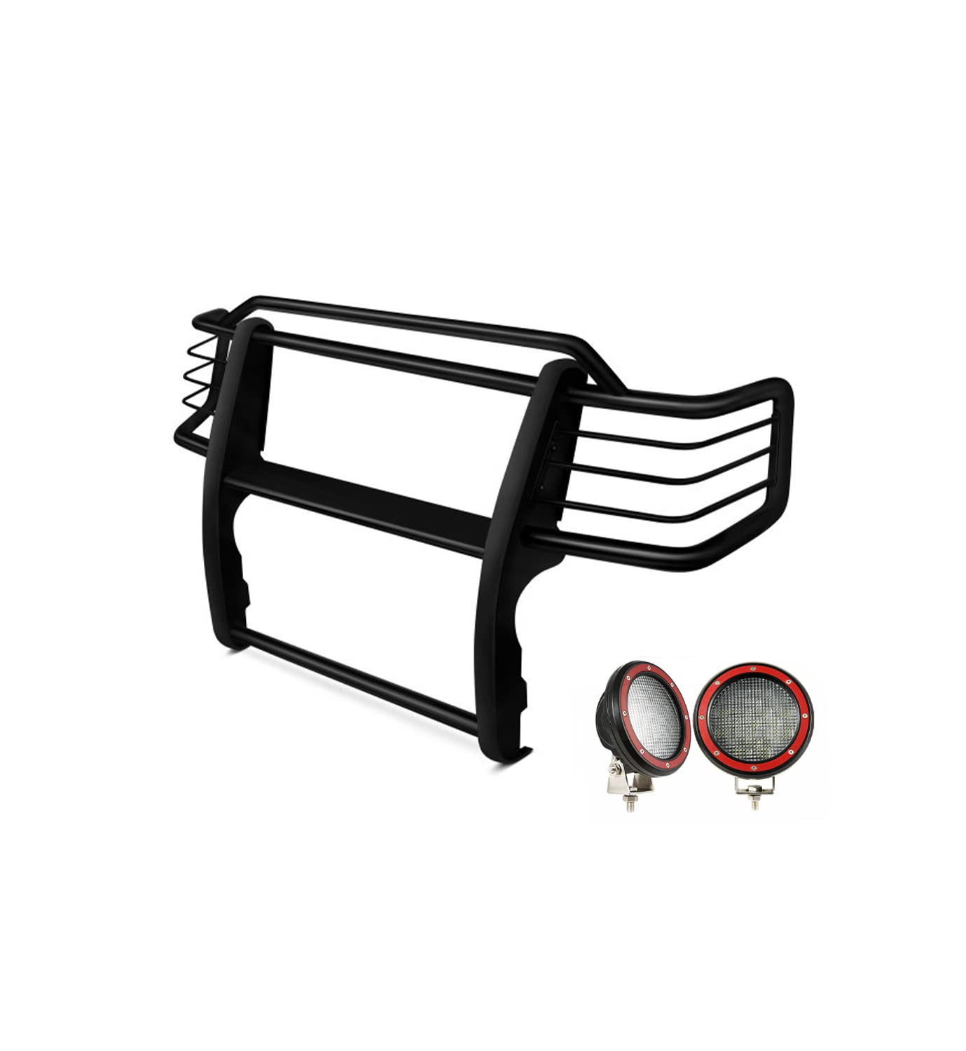 Bumper Guard Black Horse Grille Brush Modular Black Come with Pair of 5.3" Dia.LED Lights with Red Trim Rings Compatible with 1999-2002 Toyota 4Runner-17TN23MA-PLFR