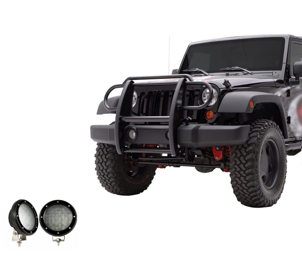 Grille Brush Black Horse Bumper Guard Modular Black Come with Pair of 5.3" Dia.LED Lights with Black Trim Rings Compatible with 2007-2017 Jeep Wrangler-17JPWRMA-PLFB