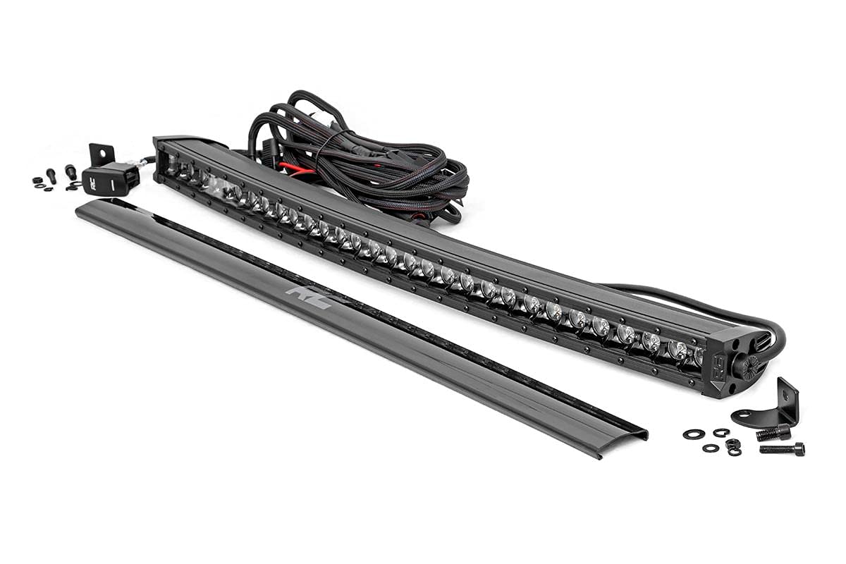 30" Curved LED Light Bar - Rough Country Black Series with Cool White DRL, 150W, Spot Beam