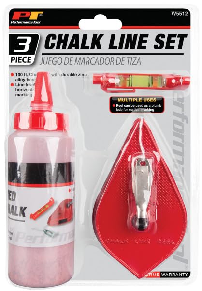 W5512 Performance Tool 100ft Chalk Reel with Line Level & Plumb Bob - Zinc Alloy Housing, 4oz Red Chalk