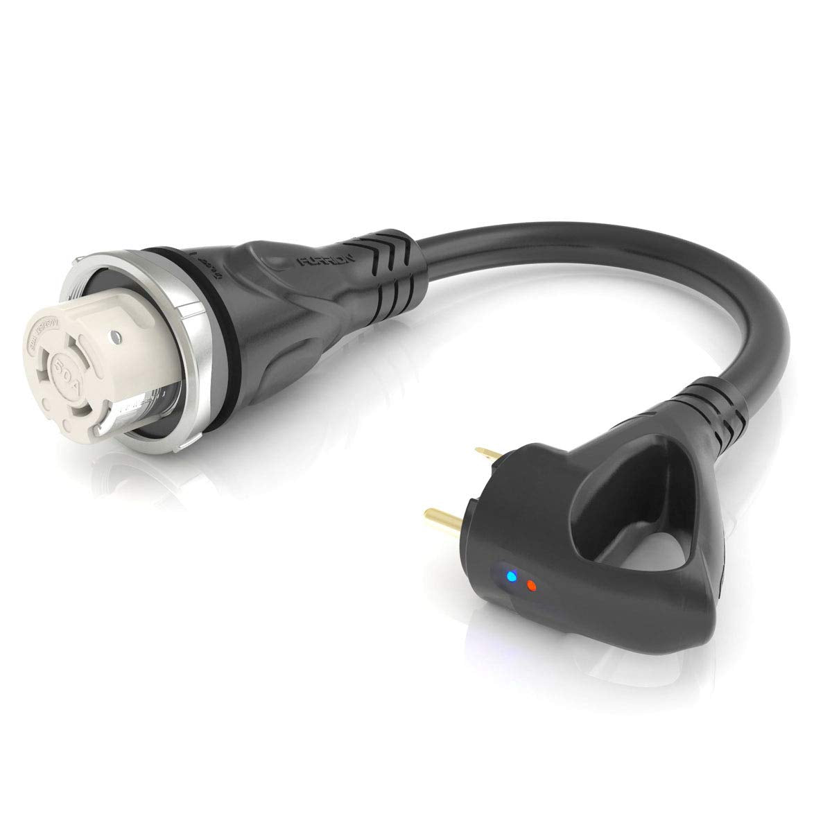 Furrion Pigtail Adapter RV - 50 Amp Female Connector to 30 Amp Male (Black) with PullSmart & PowerSmart Technology - FP5030R-SB