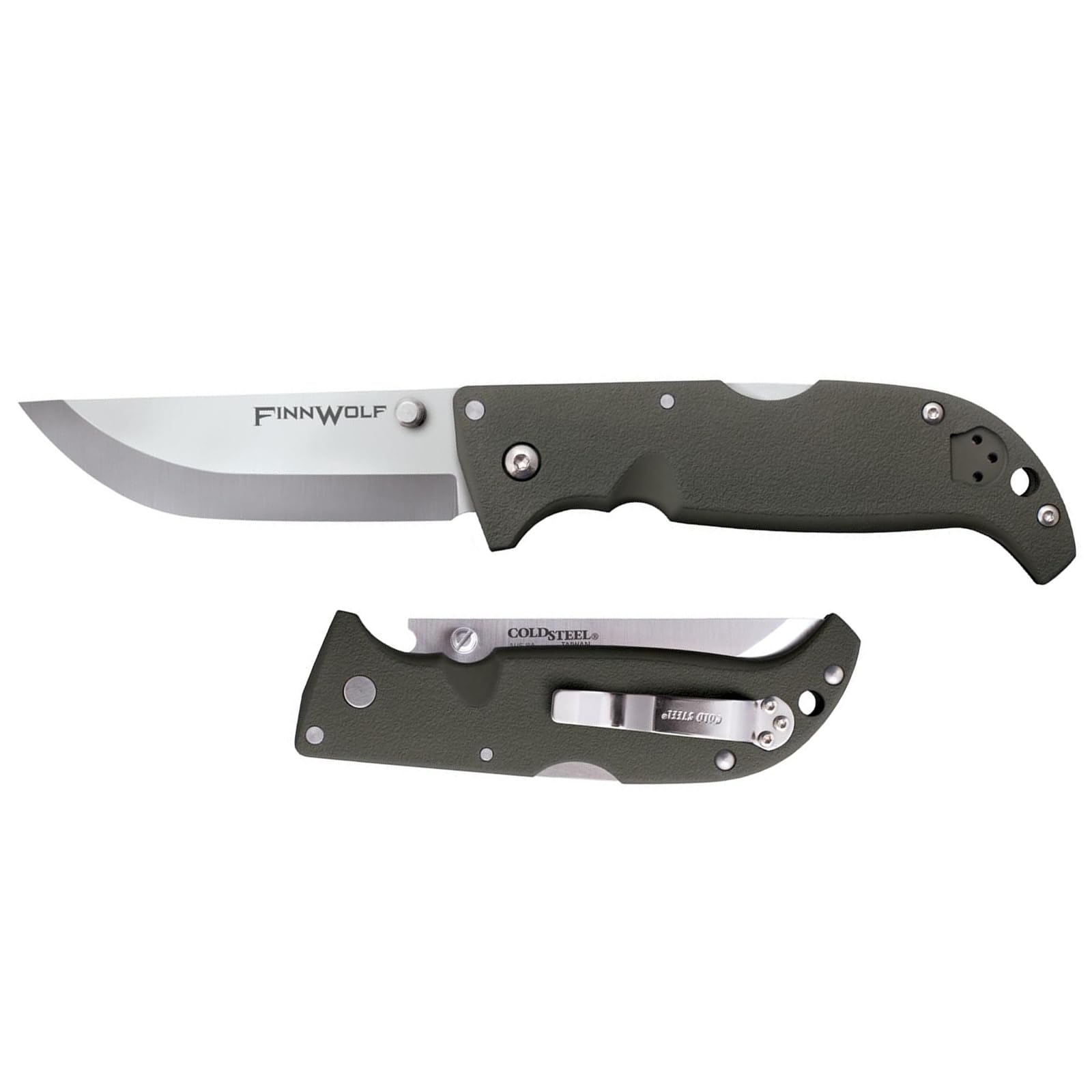 COLD STEEL 3.5in Finn Wolf AUS8A Razor-Sharp Straight Back Blade 4.375in Griv-Ex OD Green Handle Hunting Folding Knife, Boxed