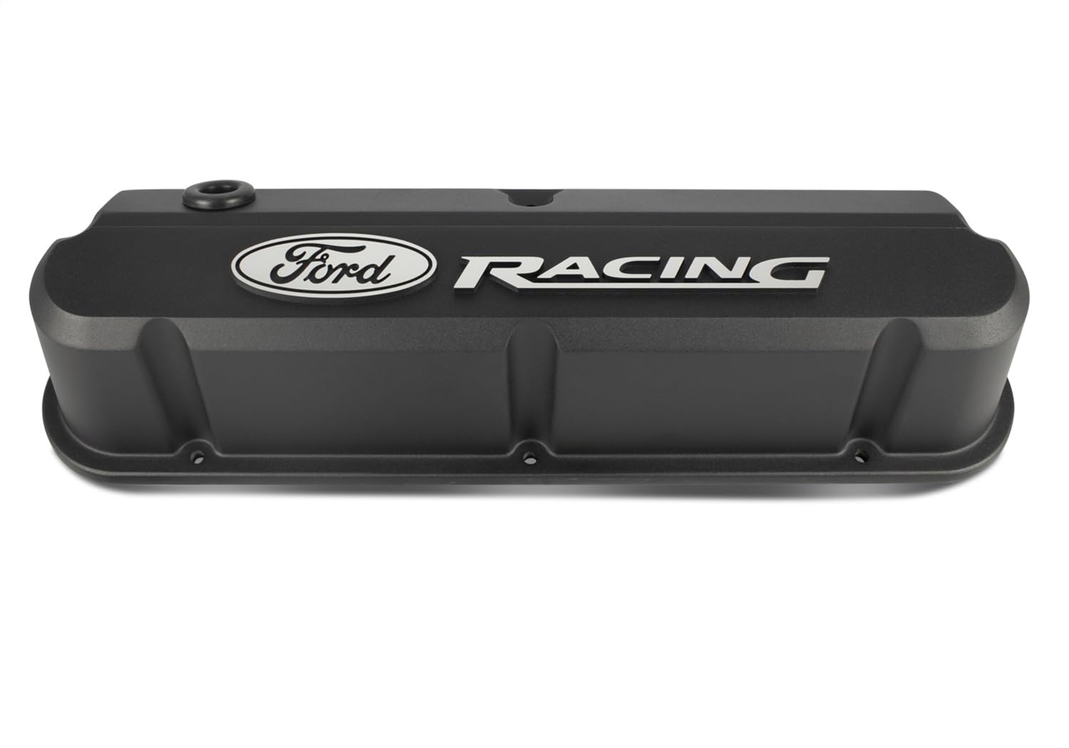Ford Slant-Edge Valve Cover, Tall, Baffled, Breather Hole, Raised Ford Racing Logo, Aluminum, Black Crinkle Powder Coat