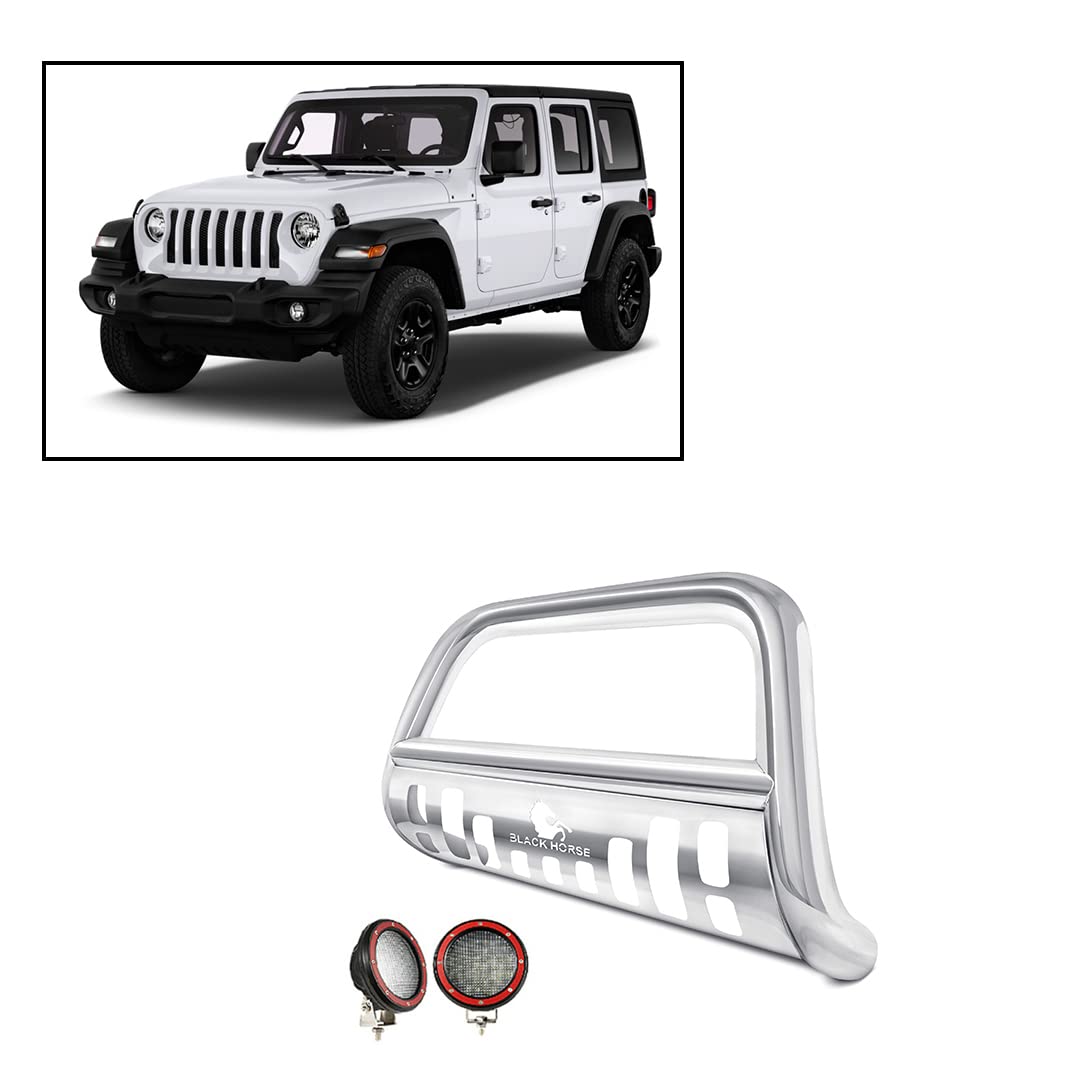 Bull Bar Black Horse Incl. Pair of 5.3" Dia.LED Lights,Stainless Steel Compatible with 20-24 Jeep Gladiator|2018-2024 Jeep Wrangler(Excl. 21-24 V8 Engine, 20-24 Rubicon Trim)