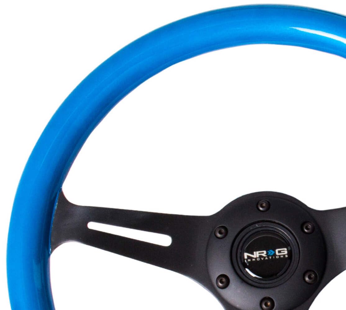 NRG Innovations Steering Wheel NRG-ST-015BK-BL - 350mm - 25mm Deep Configuration, Classic Wood Grain Wheel 3 Black Spokes Blue Pearl/Flake paint/Black Center