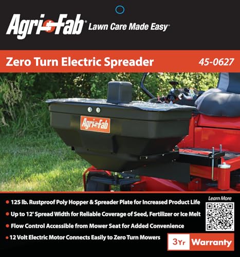 Agri-Fab Zero Turn Mower 45-0627 Electric Spreader, 125 lb Hopper Capacity, Grass, Seed, and Fertilizer Spreader, Spread Width up to 12 ft, Black