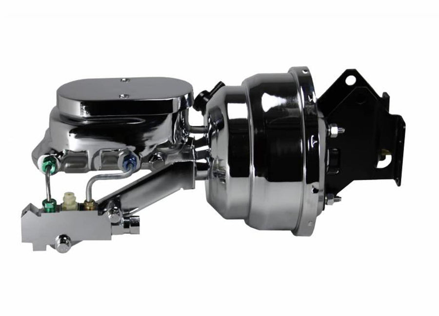 8 Inch LEED BRAKES Dual Power Booster, 1-1/8 Inch Bore Flat Top Master, Side Mount Valve, Disc/Drum (Chrome)