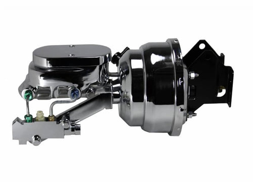 8 Inch LEED BRAKES Dual Power Booster, 1-1/8 Inch Bore Flat Top Master, Side Mount Valve, Disc/Drum (Chrome)