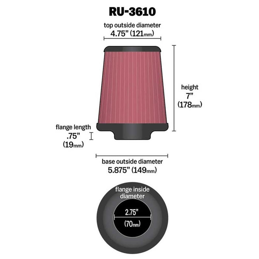 High-Flow K&N Original Lifetime Universal Clamp-On Air Filter: High Performance, Premium, Washable: Flange Diameter: 2.75 In, Filter Height: 7 In, Flange Length: 0.75 In, Shape: Round Tapered, RU-3610
