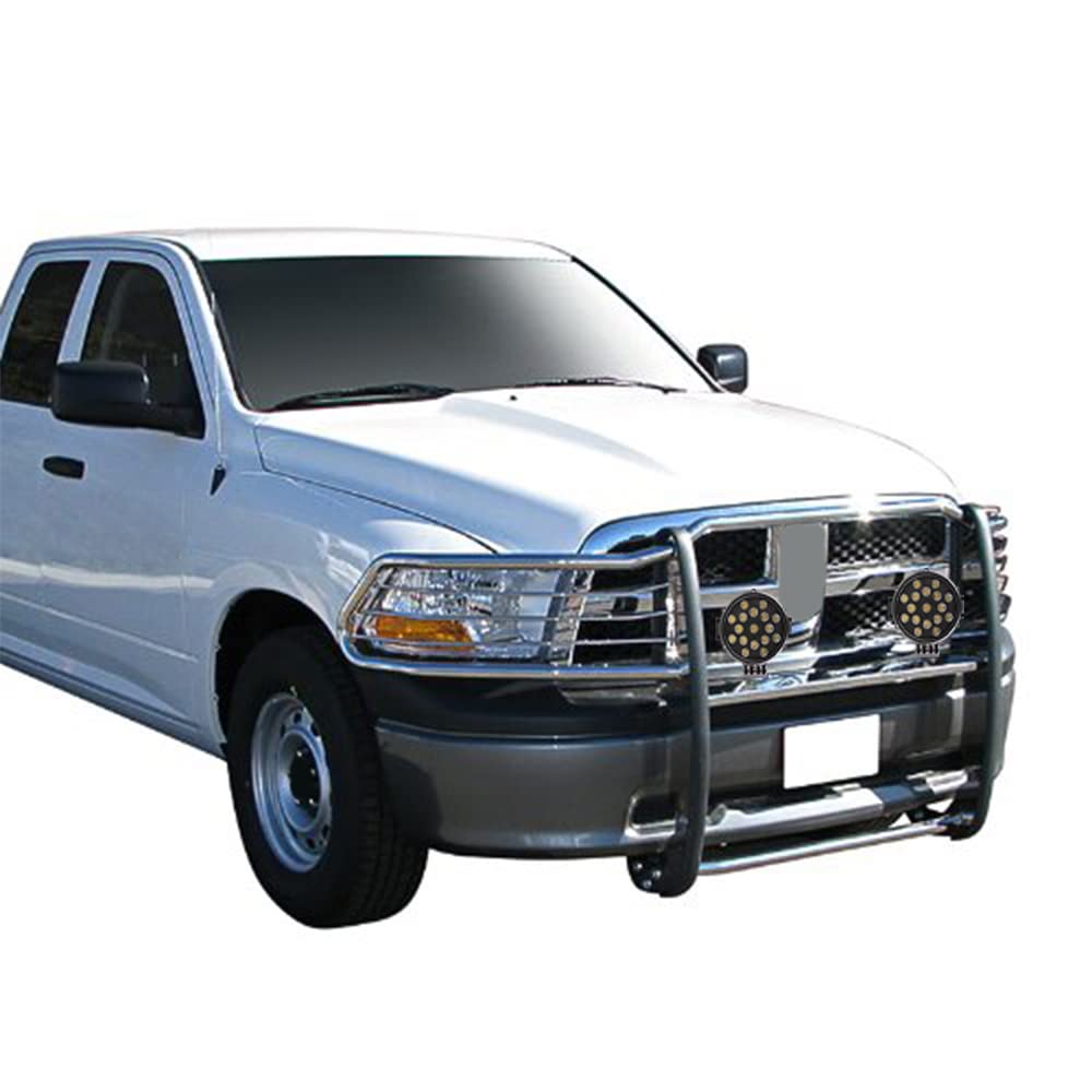 Bumper Guard Modular Black Horse Grille brush Stainless Steel Come With pair of 7.0"LED Lights with Black Trim Rings Compatible with 2009-2018 Dodge Ram 1500|2019-2024 Ram 1500 Classic-17DG109MSS-PLB