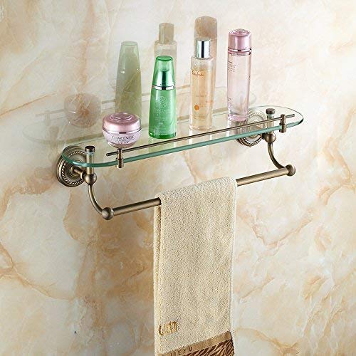 Bathroom Rack Single deck Glass with Towel Bar, Brass, Brushed, Antique Bathroom Cosmetic Storage Rack Bathroom Shelf