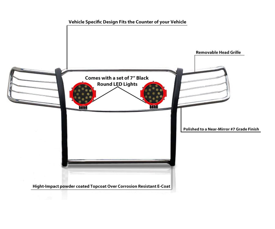 Bumper Guard Modular Black Horse Grille brush Stainless Steel Come With pair of 7.0"LED Lights with Red Trim Rings Compatible with 2007-2013 Avalanche|2007-2014 Suburban 1500/Tahoe-17A037400MSS-PLR