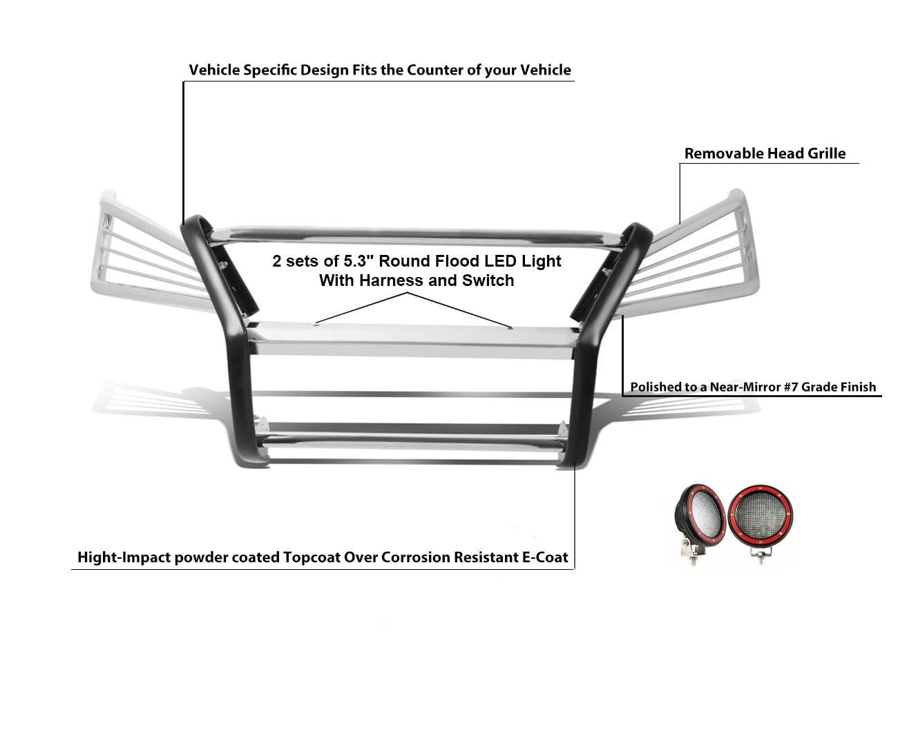 Grille Brush Black Horse Bumper Guard Modular Stainless Steel Come with Pair of 5.3" Dia.LED Lights with Red Trim Rings Compatible with 2004-2006 Lexus RX330|2007-2009 Lexus RX350-17G80330MSS-PLFR
