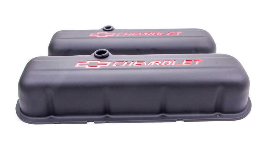 Engine Valve Covers Proform 141-811; Stamped Steel; Tall; Black; w/ Bowtie Logo;