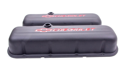 Engine Valve Covers Proform 141-811; Stamped Steel; Tall; Black; w/ Bowtie Logo;
