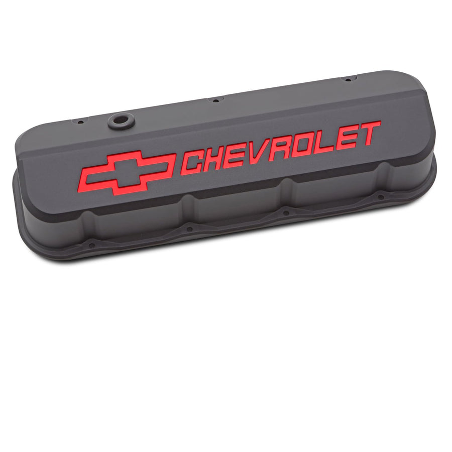 Proform Slant-Edge Valve Cover, Tall, Baffled, Breather Hole, Recessed Chevrolet Logo, Aluminum, Black Crinkle Powder Coat