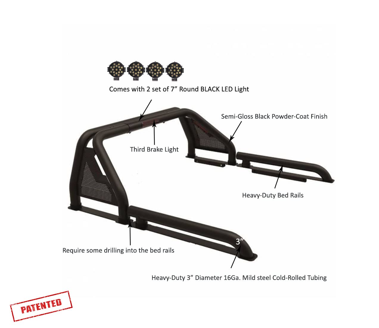 Gladiator Roll Bar Black Horse incl. Pair of 7.0" Dia. Led Lights w/Black Trim Rings Modular Black Compatible with 2005-2021 Nissan Frontier-GLRB-05B-PLB
