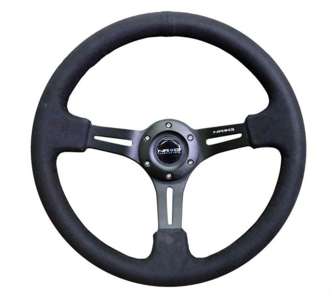 NRG Innovations Reinforced NRG-RST-018SA Steering Wheel 350mm Sport Steering Wheel (3" Deep) Black Leather with Alcantara Stitching, Slit Spoke Design over Circular Cut-Outs
