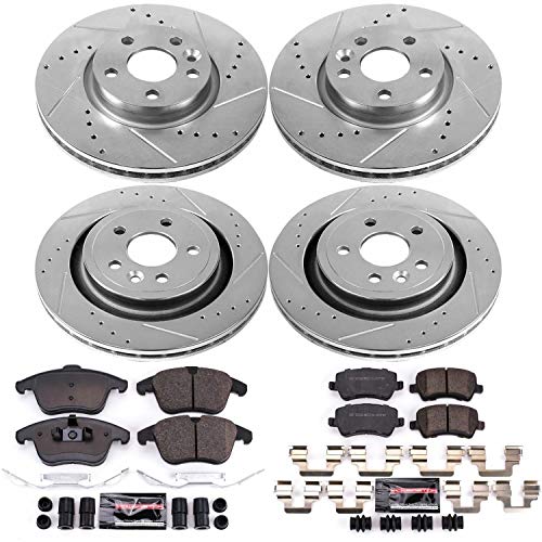 Power Stop K7638 Z23 Carbon Fiber Brake Pads Front and Rear with Drilled & Slotted Brake Rotors Kit