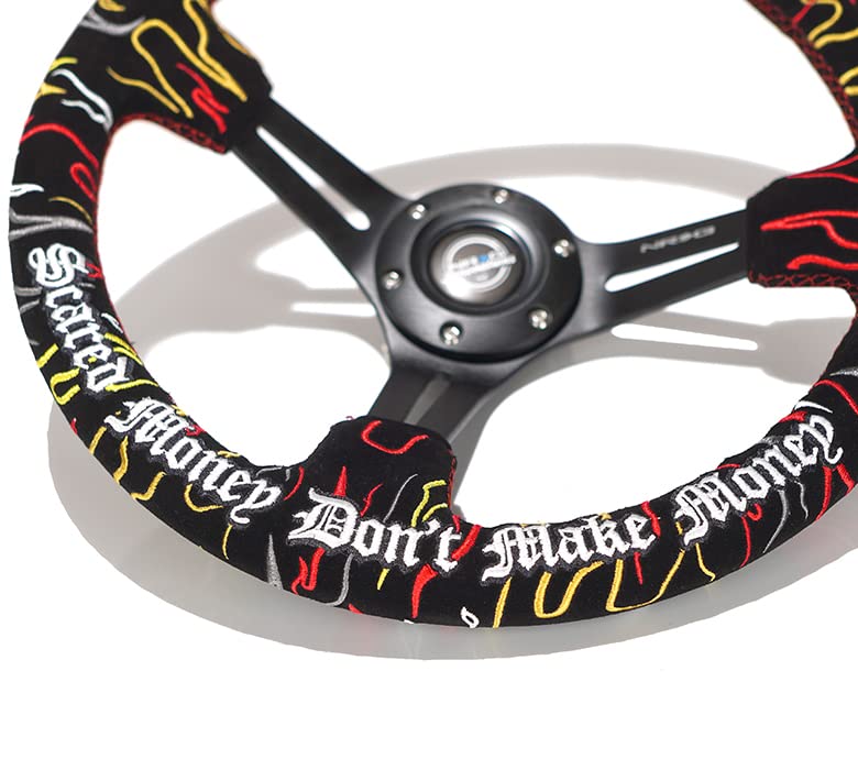 NRG Innovations Reinforced Steering Wheel NRG-RST-018MB-RLB, 3" Deep, 5 mm Black Spoke with Slit Spokes, Black Alcantara, Red Stitching
