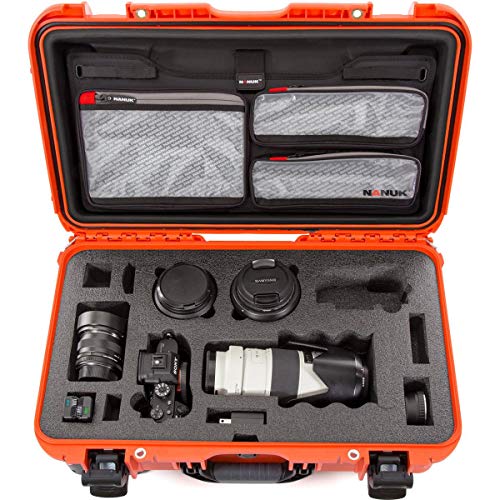 Waterproof Nanuk 935 Carry-On Hard Case with Lid Organizer for Sony a7R Size Camera w/Wheels - Orange