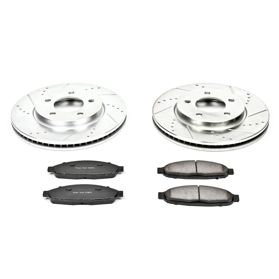 Power Stop K3009 Z23 Carbon Fiber Brake Pads Front with Drilled & Slotted Brake Rotors Kit For Chrysler Pacifica 2004-2008 [Model Specific]