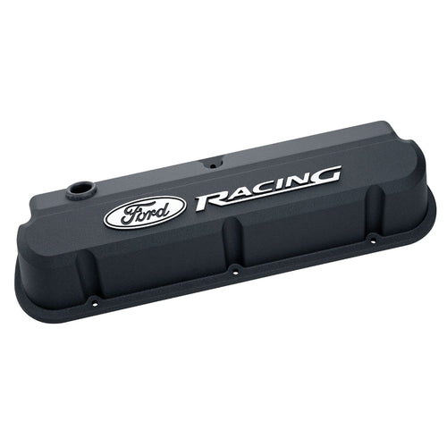 Ford Slant-Edge Valve Cover, Tall, Baffled, Breather Hole, Raised Ford Racing Logo, Aluminum, Black Crinkle Powder Coat
