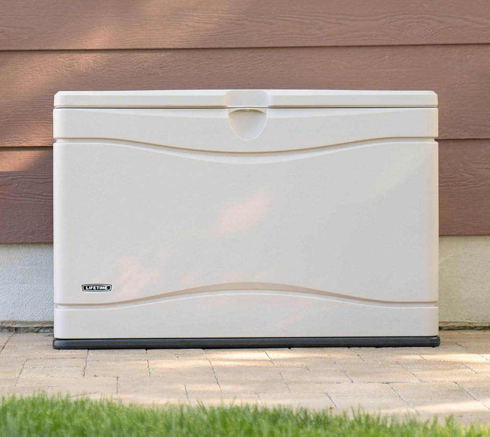 LIFETIME 60059 Desert (Tan) Sides and Lid Black Bottom Outdoor Storage Box-80 Gal, 80 Gallon, Desert Sand