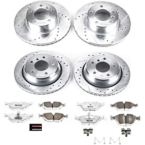 Power Stop Z26 Carbon Fiber Brake Pads with Drilled & Slotted Brake Rotors Kit and 1 Front & 1 Rear Sensor Wires K2747-26