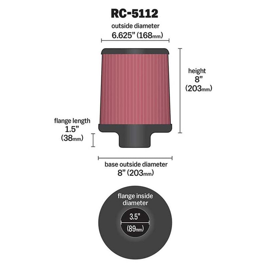 High-Flow K&N Original Lifetime Universal Clamp-On Air Filter: High Performance, Premium, Washable: Flange Diameter: 3.5 In, Filter Height: 8 In, Flange Length: 1.5 In, Shape: Round Tapered, RC-5112