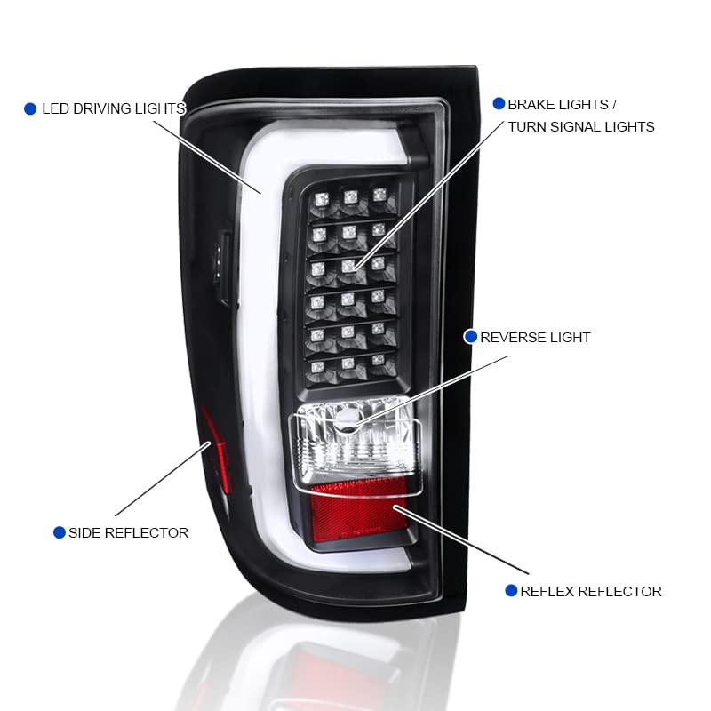 Black LED Bar Tail Lights SPEC-D TUNING Compatible with 2014-2018 GMC Sierra 1500, 2014-2018 GMC Sierra 2500HD, 2014-2018 GMC Sierra 3500HD, Left + Right Pair Assembly
